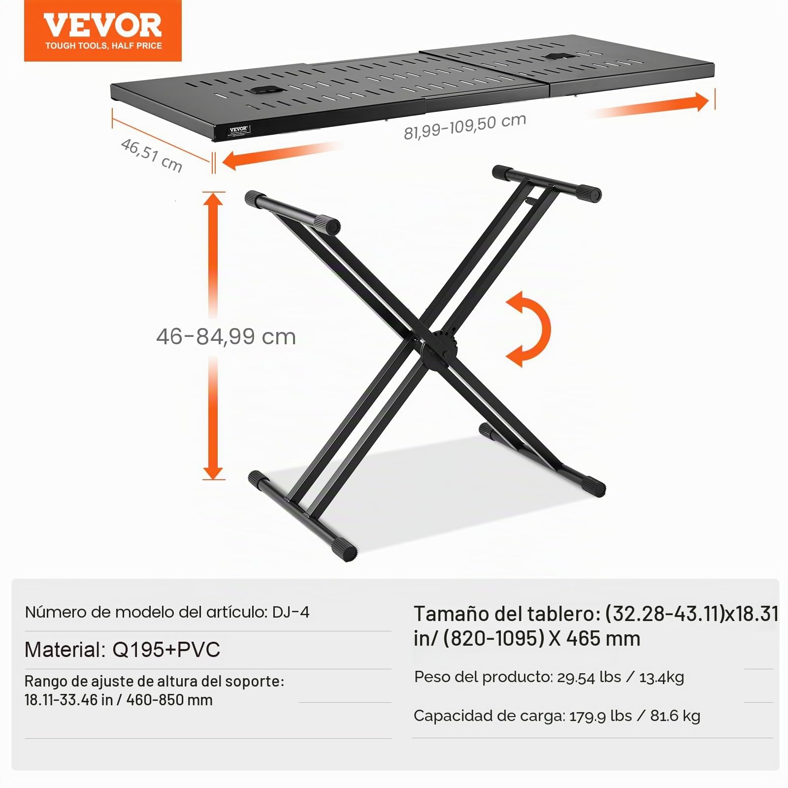 VEVOR Mesa para DJ con Soporte Portátil para Computadora Portátil y Controlador de DJ Cabina para DJ Altura Ajustable 460-850 mm Soporte para Teclado y Tablero Plegable en X para Mezclador de Audio