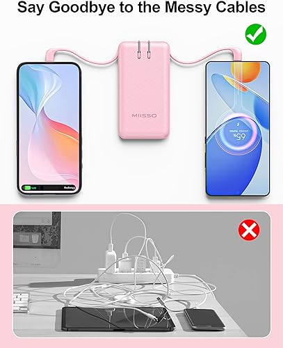 Miniatura 8 de Banco de energía ultra delgado de 10000 mAh, cables integrados y enchufe de pared plegable de CA, cargador portátil USB C de tamaño bolsillo,