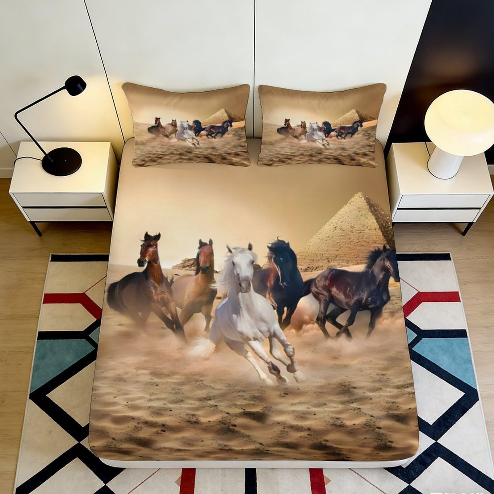 3D Printed Wild Horses Fitted Sheet Microfiber Soft Brown Desert Bed Sheet for Bedroom Dorm Mattress Protection Decor 90x200x25cm
