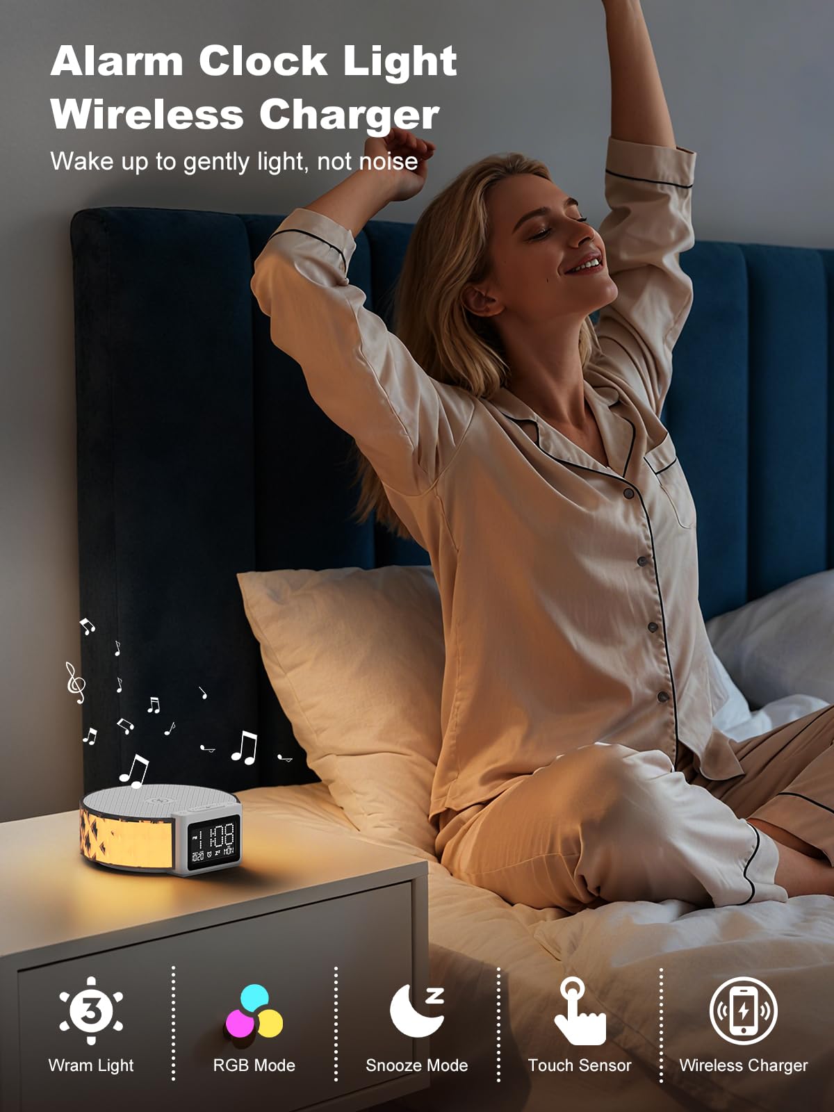 Smiling Shark Lichtwecker, Nachttischlampe Wecker Kabelloser Ladestation mit Touch Steuerung 3 Stufen und RGB-Modus LCD-Display Ladegerät Wecker Licht Nachttischlampen für Schlafzimmer Zuhause-Deko | WKL-02 Nachttischwecker Licht mit 3 Nachtlichtern und R