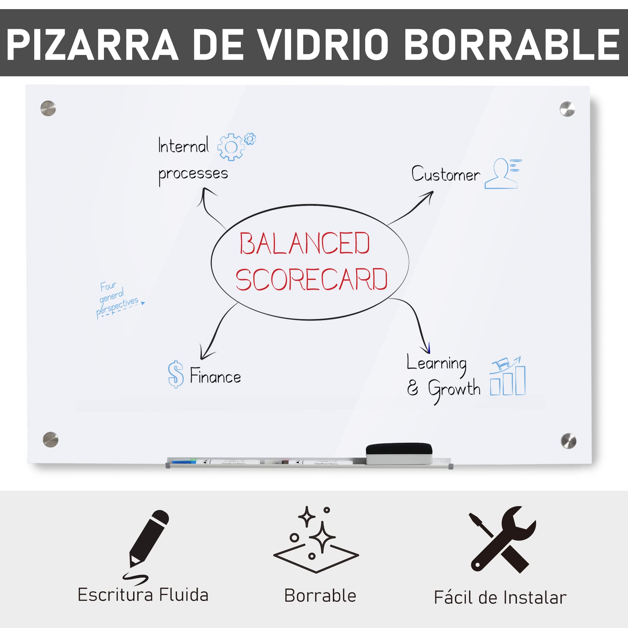Vinsetto Pizarra de Cristal con Bandeja sin Marco 90x60x0,45 cm Blanco | Pizarra de Pared, Incluye 4 Rotuladores y Borrador