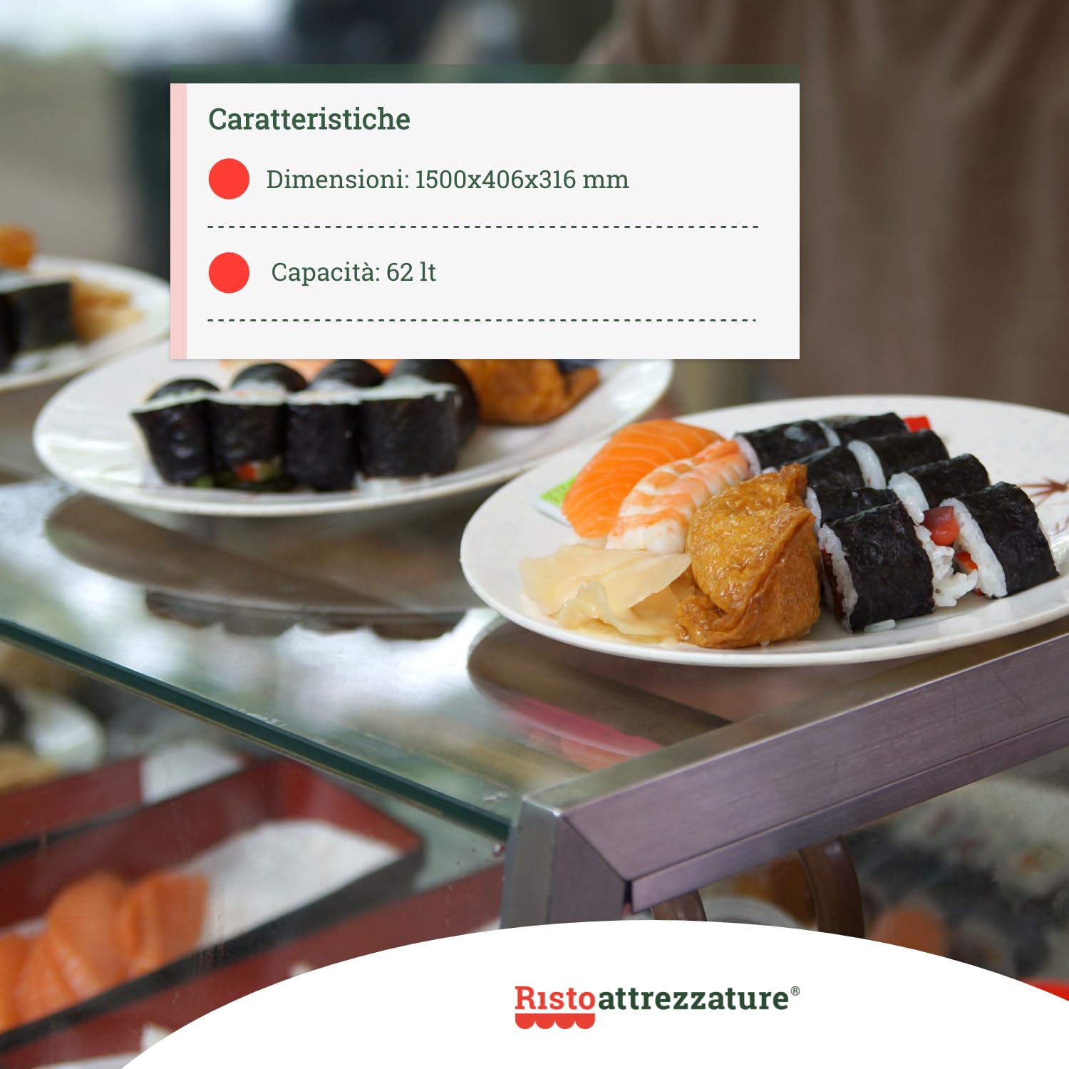 Ristoattrezzature Vetrina frigo sushi 150x40,6x31,6h cm 6 gn 1/3 refrigerata da banco bianca con vetri curvi e motore incorporato