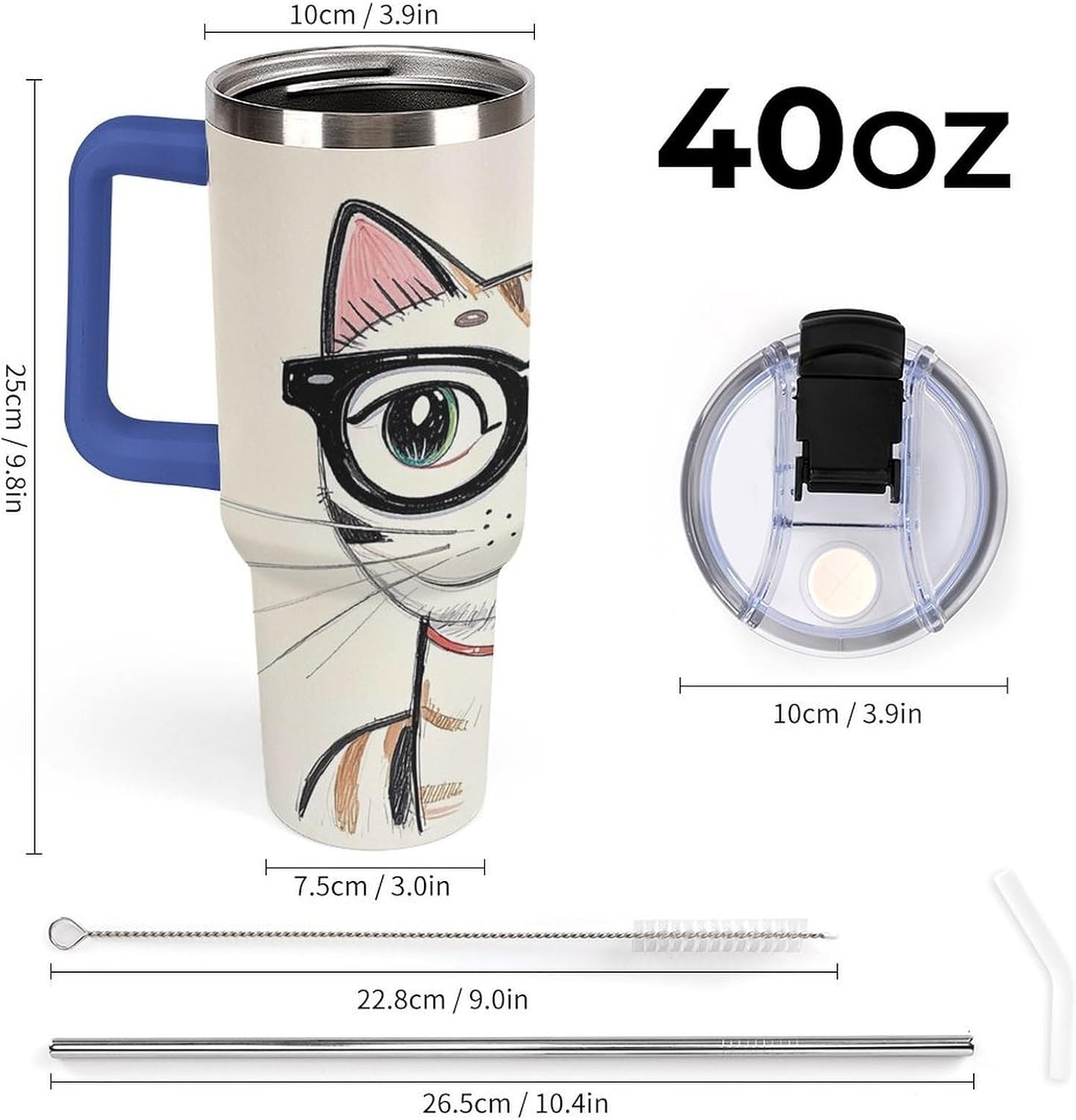 Design Hipster Cat Kitten Glasses Travel Coffee Mug Reusable Durable Stainless Steel Insulated Tumbler with Handle And Straw Leak Resistant Portable Thermal Cup Gifts for Men Women 40 Oz