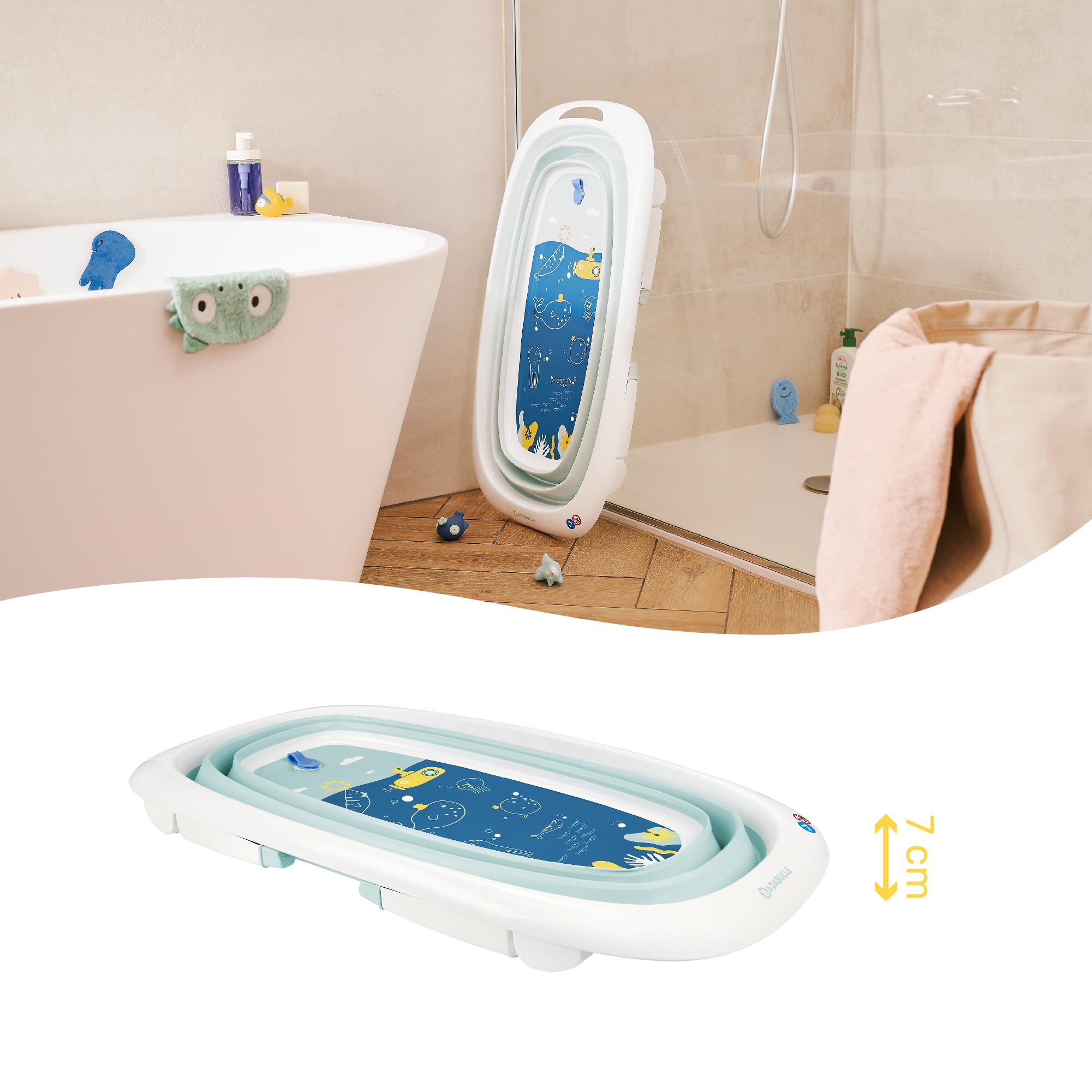 Badabulle Baignoire Bébé Pliable 35L Pieds Antidérapants Bouchon Vidange Témoin Température Poignée Transport Séchage