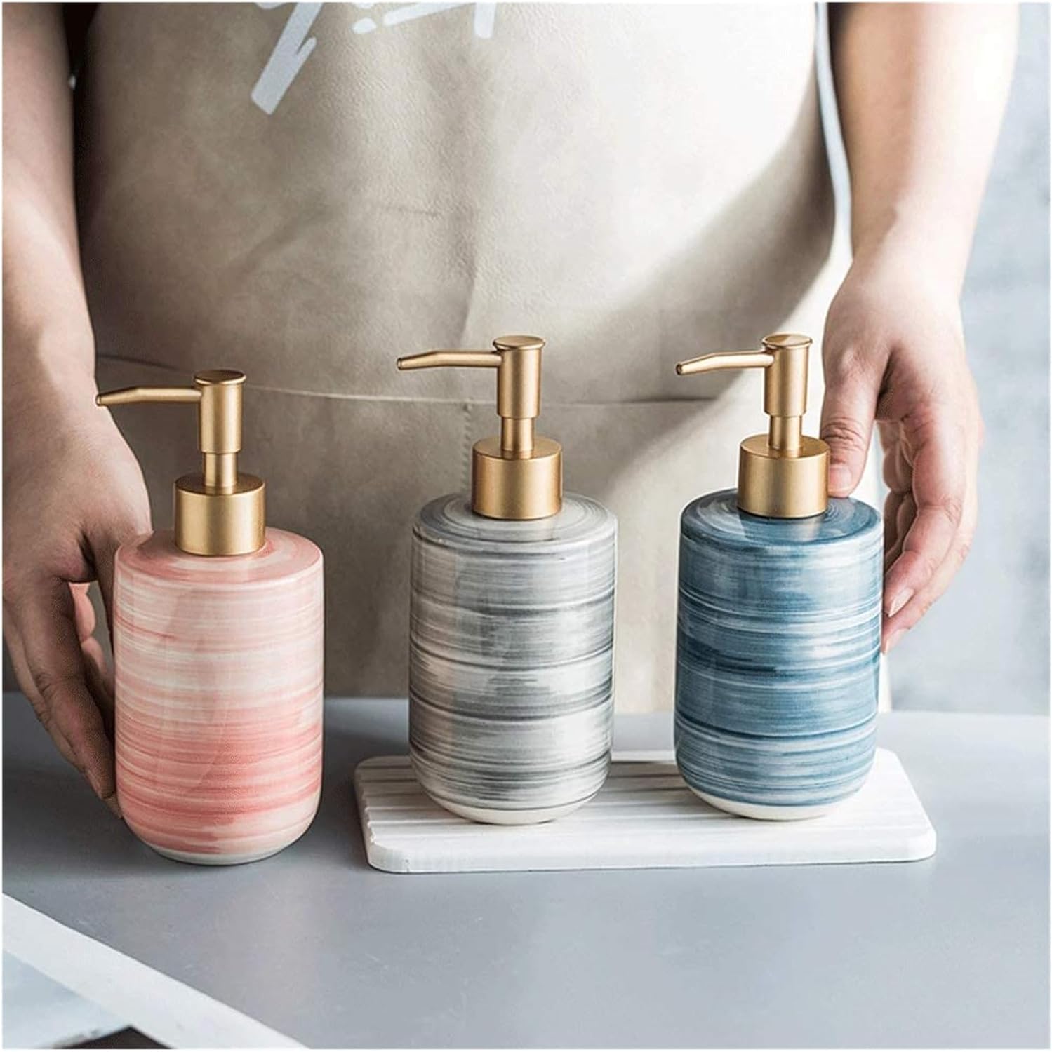 Lotion Soap Dispensers 350ml Ceramic Liquid Dispenser with Pump Emulsion Dispensing Bottle Shampoo Bathroom (Blue One Size)