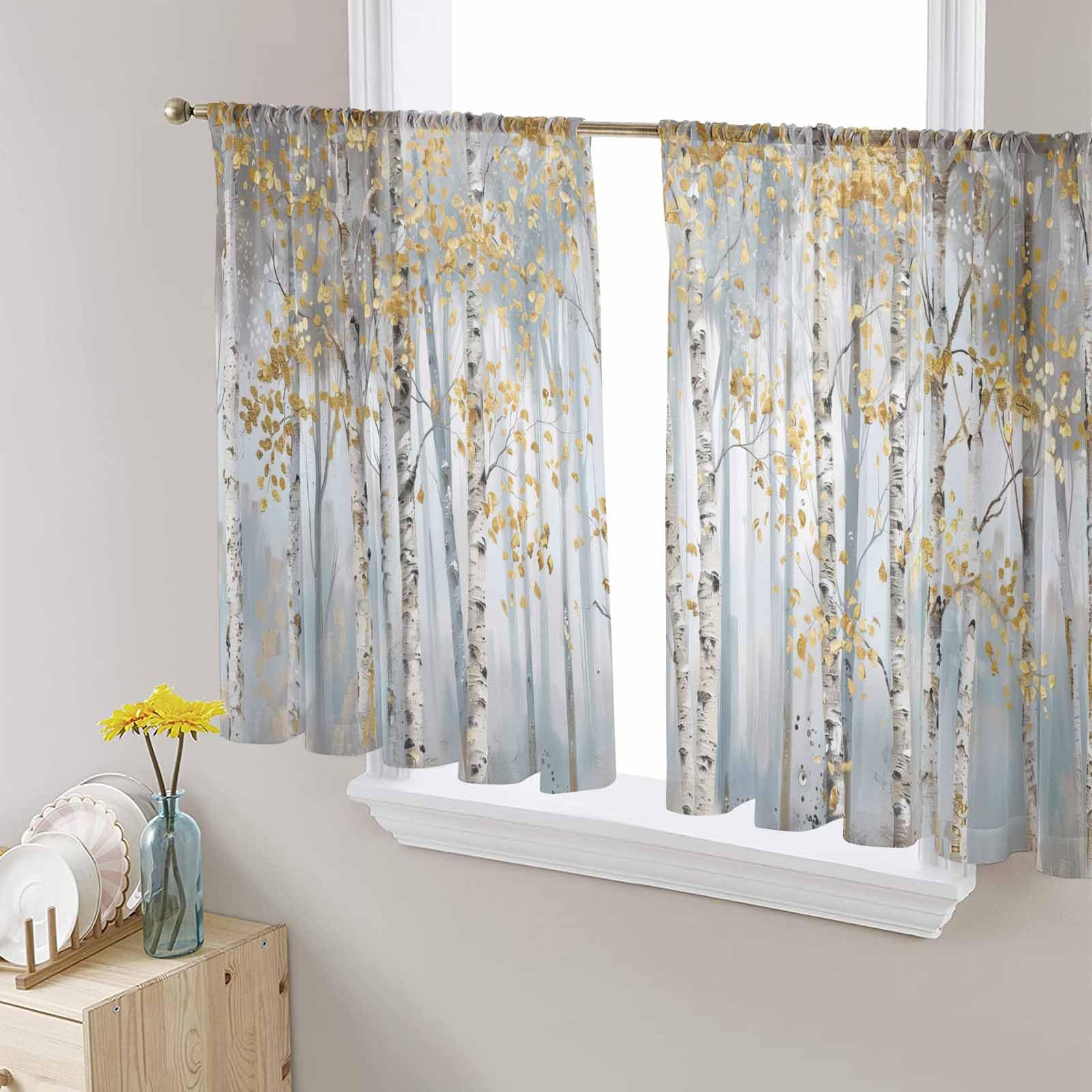 Sheer Curtains 54 Inches Long, Yellow Forest Rustic Windows Voile Curtain for Bedroom/Living Room, Abstract Trees Leaves Elegant Light Filtering