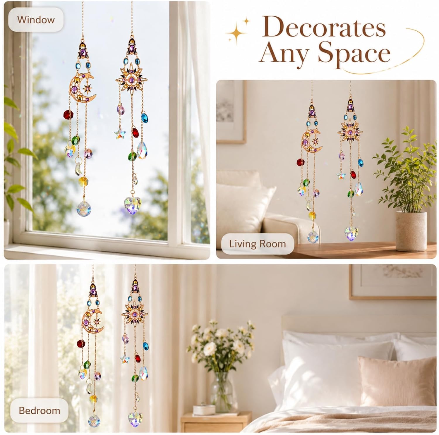 2 Pcs Crystal Hanging Ornaments, Sun & Moon Crystal Suncatcher, Hanging Crystals for Decoration, Window Ornament, Home Decoration, Ideal Gift