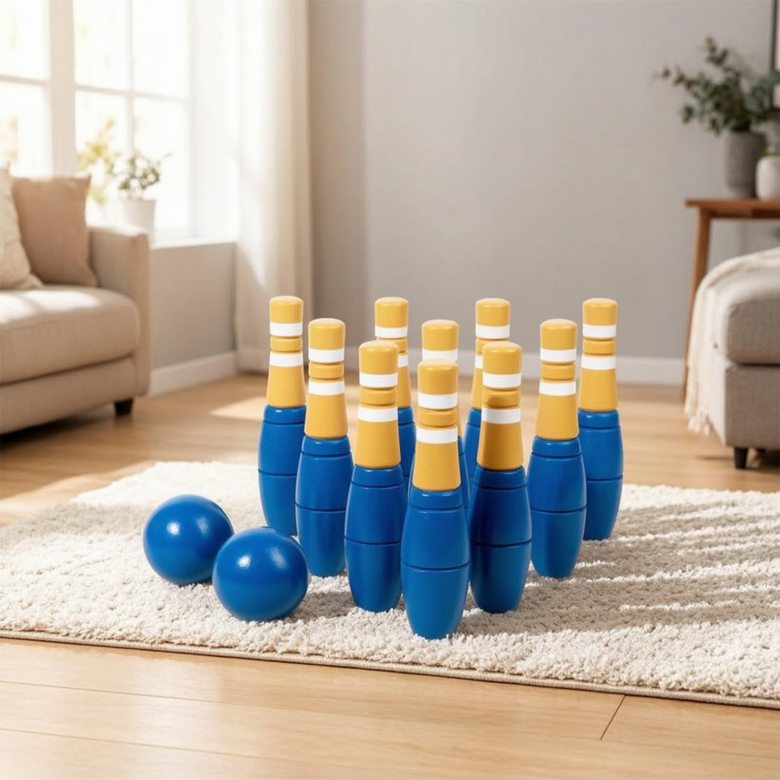 F Fityle Juego de para Niños Set Infantil de Boliche Madera Maciza Pinos y Bola Diseño Tradicional Apariencia Atractiva Favorece la Motricidad y la