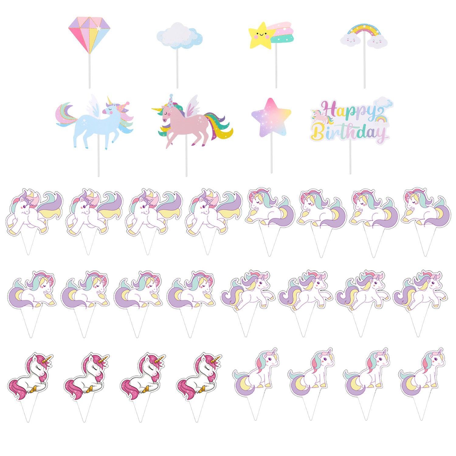 NIDHFG 24 Pieces Of Rainbow Horse Inserts And 8 Pieces Of Rainbow Horse Cake Decoration, Cute Animal Inserts, Creative Cake Inserts, Party Supplies.