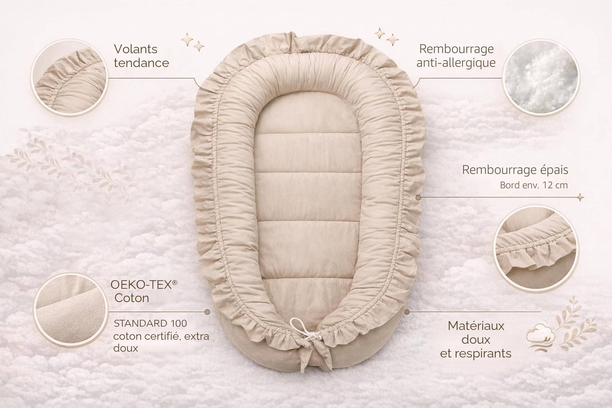 PIMKO Nid pour bébé avec Volants pour bébé réducteur Lit bébé 2 côtés 100% Coton Convient pour la Maison ou comme 55 x 90 cm