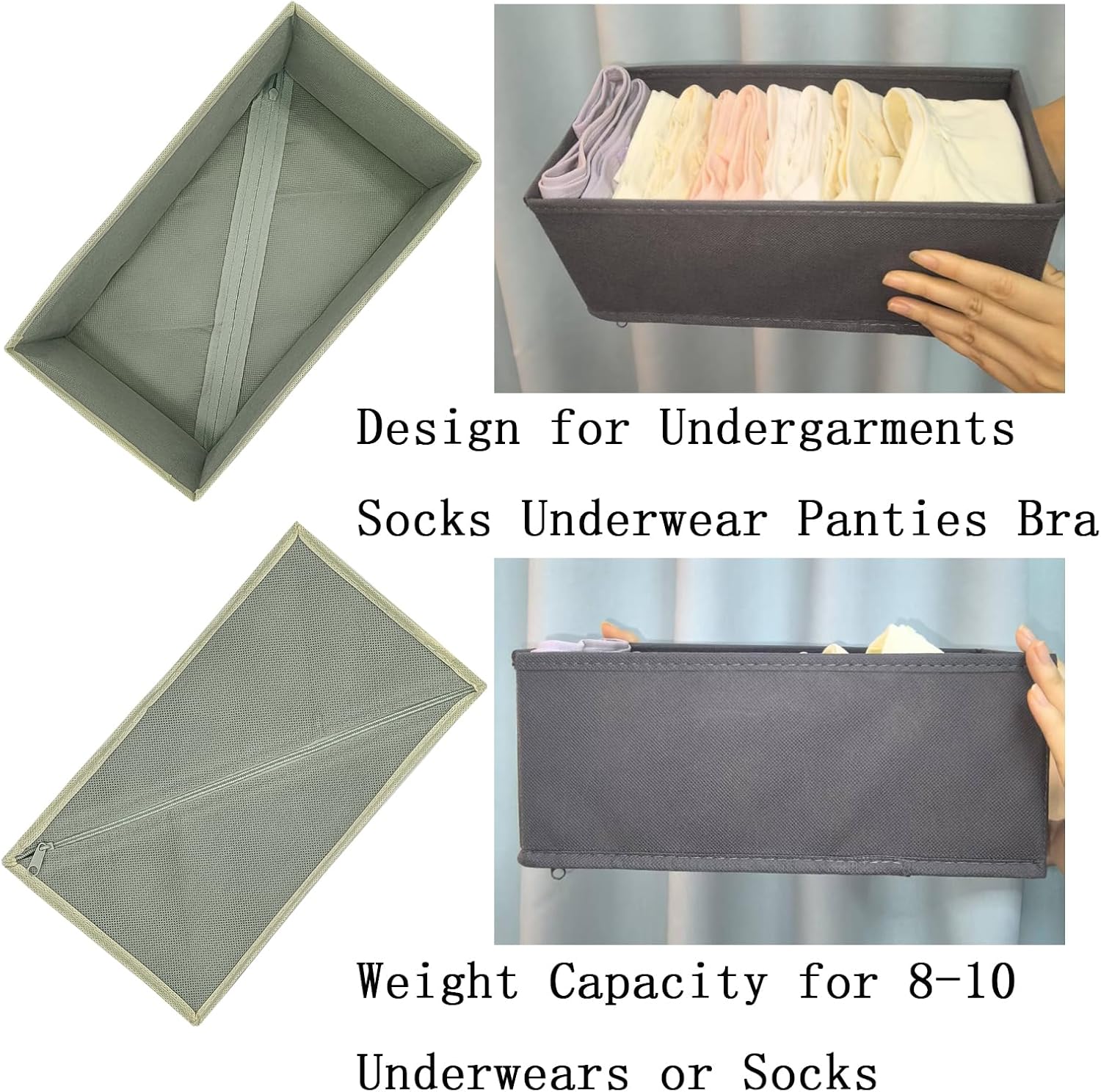 Bructhun Sock Drawer Organizer 3 Pack - Foldable Fabric Storage Bins for Underwear Divider, Small Closet Organizers with 3 Compartments, Light Gray image 5