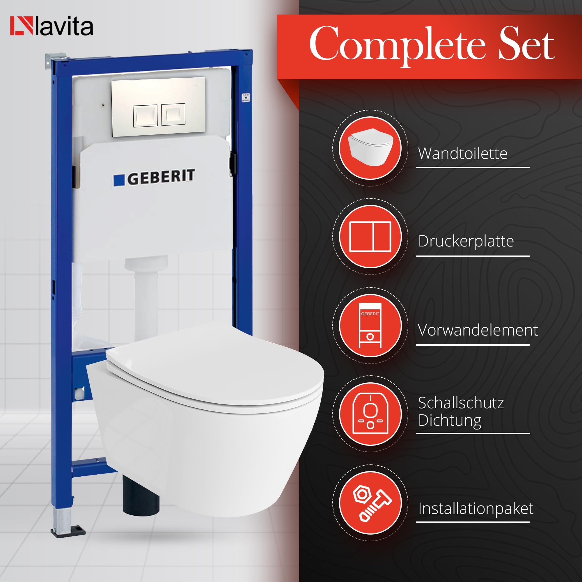 Lavita Duofix Basic Elemento de pared+Inodoro de descarga profunda Praia Blanco Sin reborde+Asiento de inodoro+Panel de control Botón blanco Juego completo Cisterna empotrada Juego completo WC