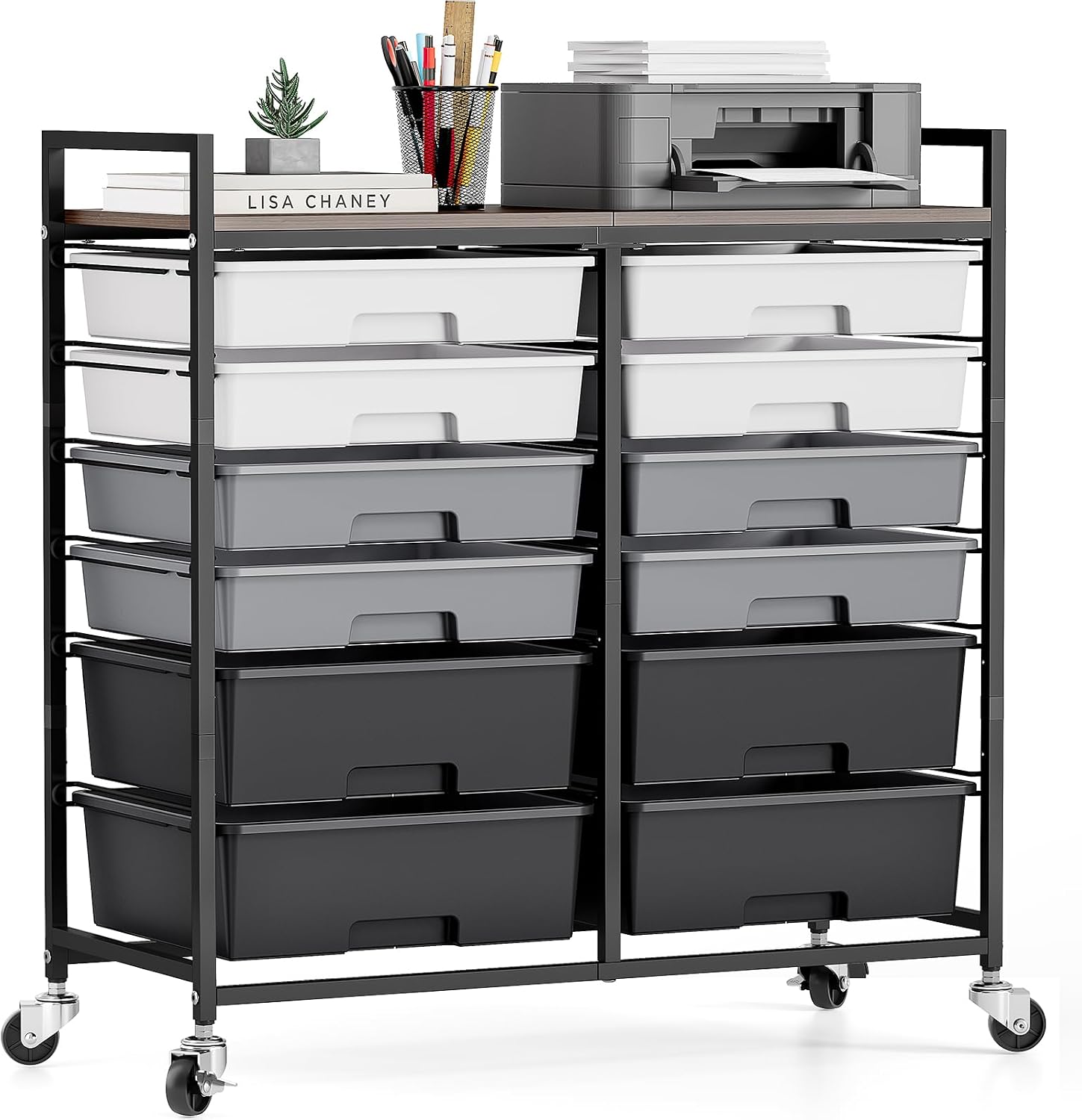 TOOLF 12 Drawers Rolling Storage Cart with Wooden Top for Classroom,Grey
