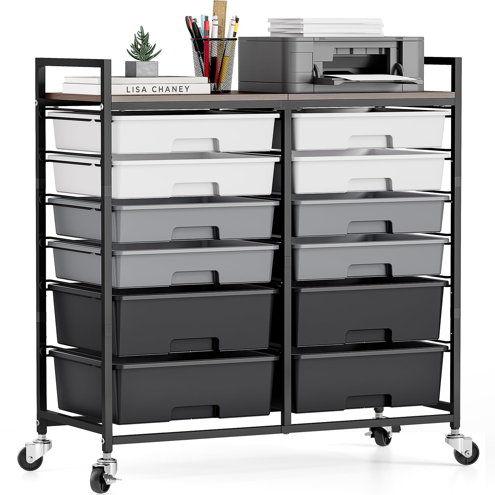 TOOLF 12 Drawers Rolling Storage Cart with Wooden Top