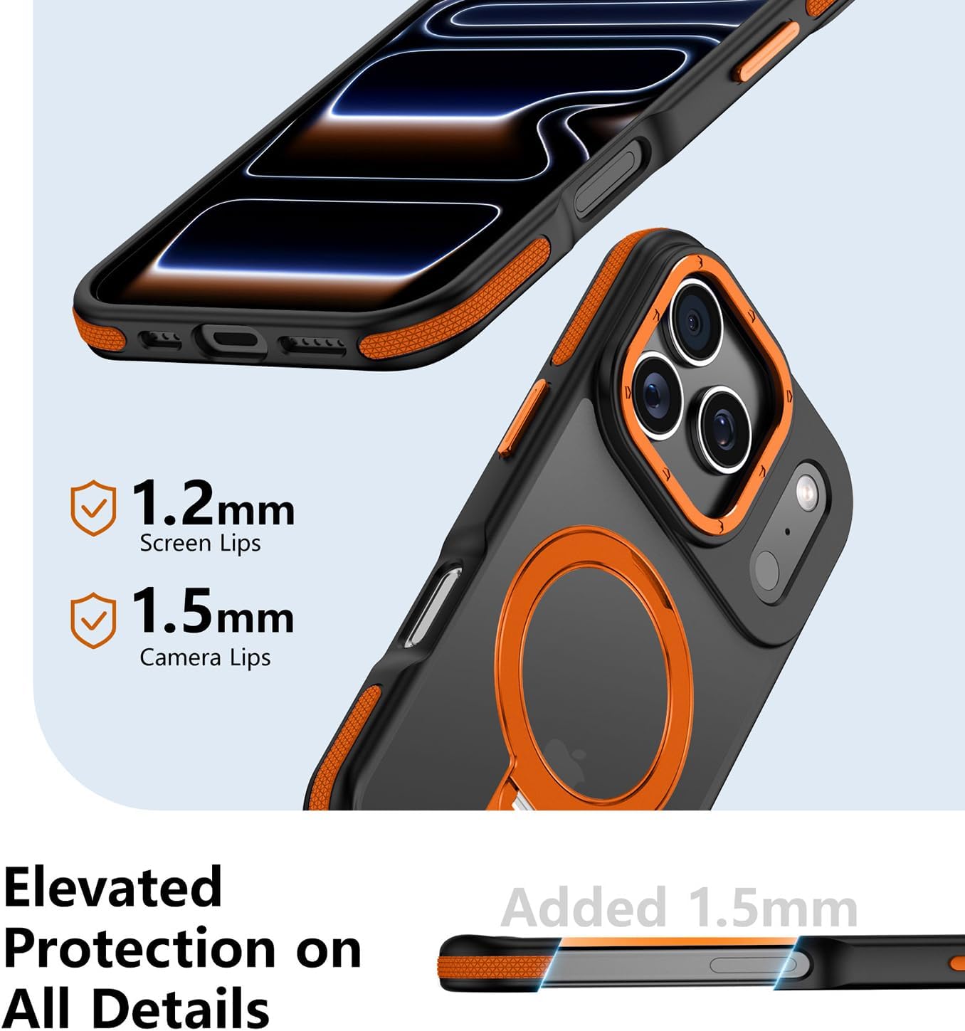 360°Spin Magnetic Stand Compatible with iPhone 17 Pro Max Case,Ring Holder&Kickstand with Silicone Strap[Fit for MagSafe],Mil-Grade Shockproof Protective Translucent Phone Case (Orange) - Image 4