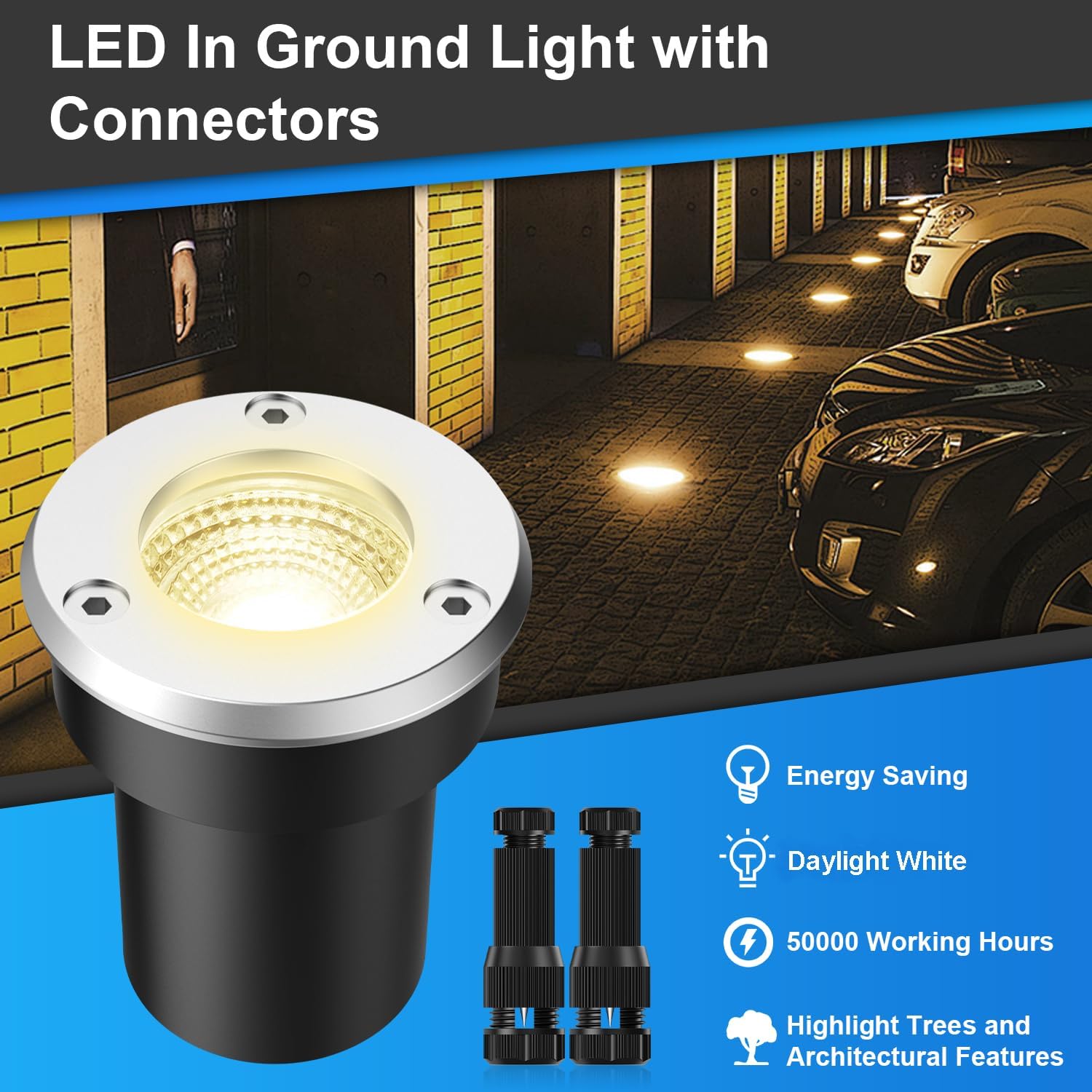 LED Landscape Lights, 12 Pack 7W Ground Lights With 24 Connectors, Low Voltage In-Ground Well Pathway Lighting, Daylight White, Waterproof for Driveway, Deck, Garden