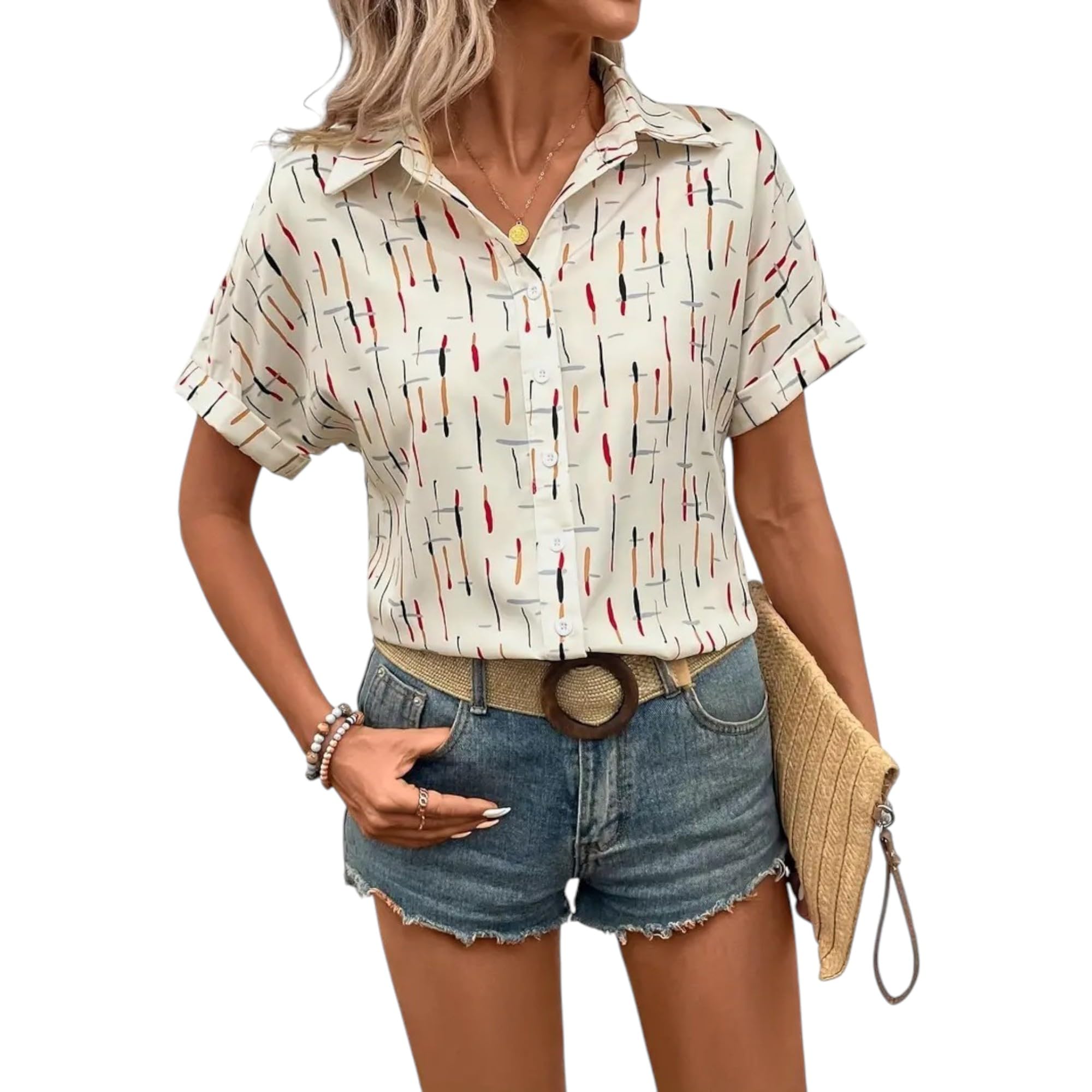 gufrina Women’s Short Sleeve Button Down Shirt with Abstract Brushstroke Print in Beige and Multicolor - Lightweight Casual Summer Top for Relaxed Fit-picture-10