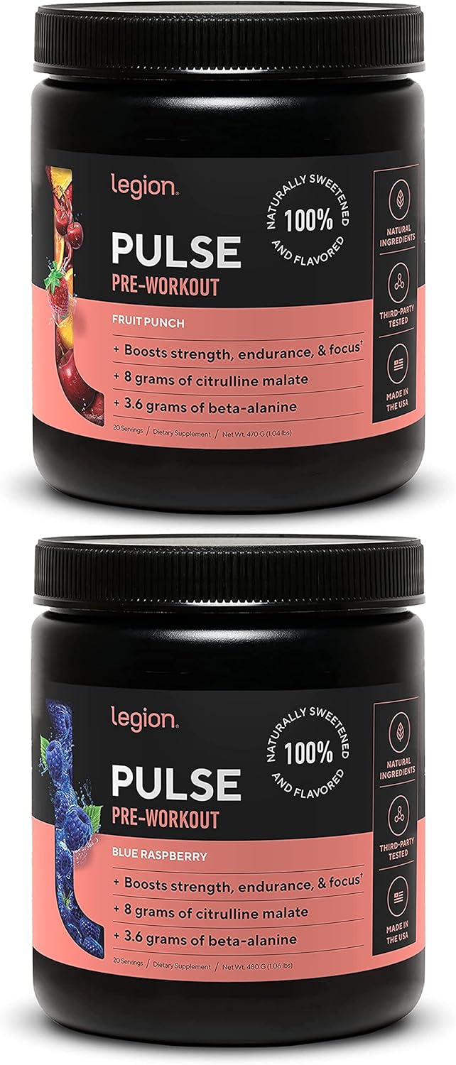 LEGION Pulse Pre Workout Supplement - All Natural Nitric Oxide Preworkout Drink to Boost Energy, Creatine Free, Naturally Sweetened, Beta Alanine, Citrulline, Alpha GPC (Fruit Punch & Blue Raspberry)