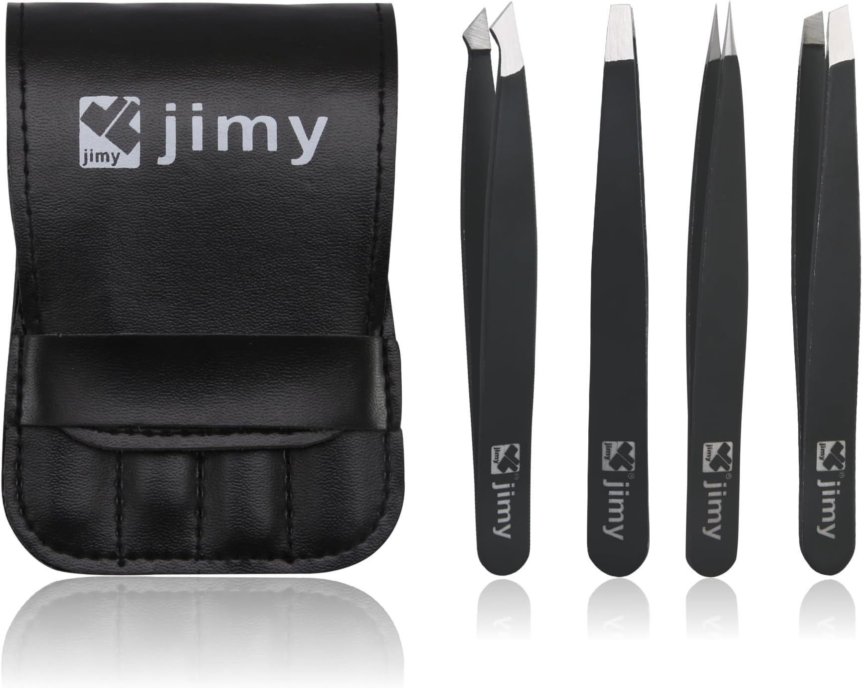 Jimy Eyebrow Tweezers, High Precision Slant Tips, Sharp Needle Nose Tweezers Point, Superior Grip, Stainless Steel Tweezers for Women Facial Hair, Sleek Design, Ingrown Hair Removal Kit (4 Piece Set)