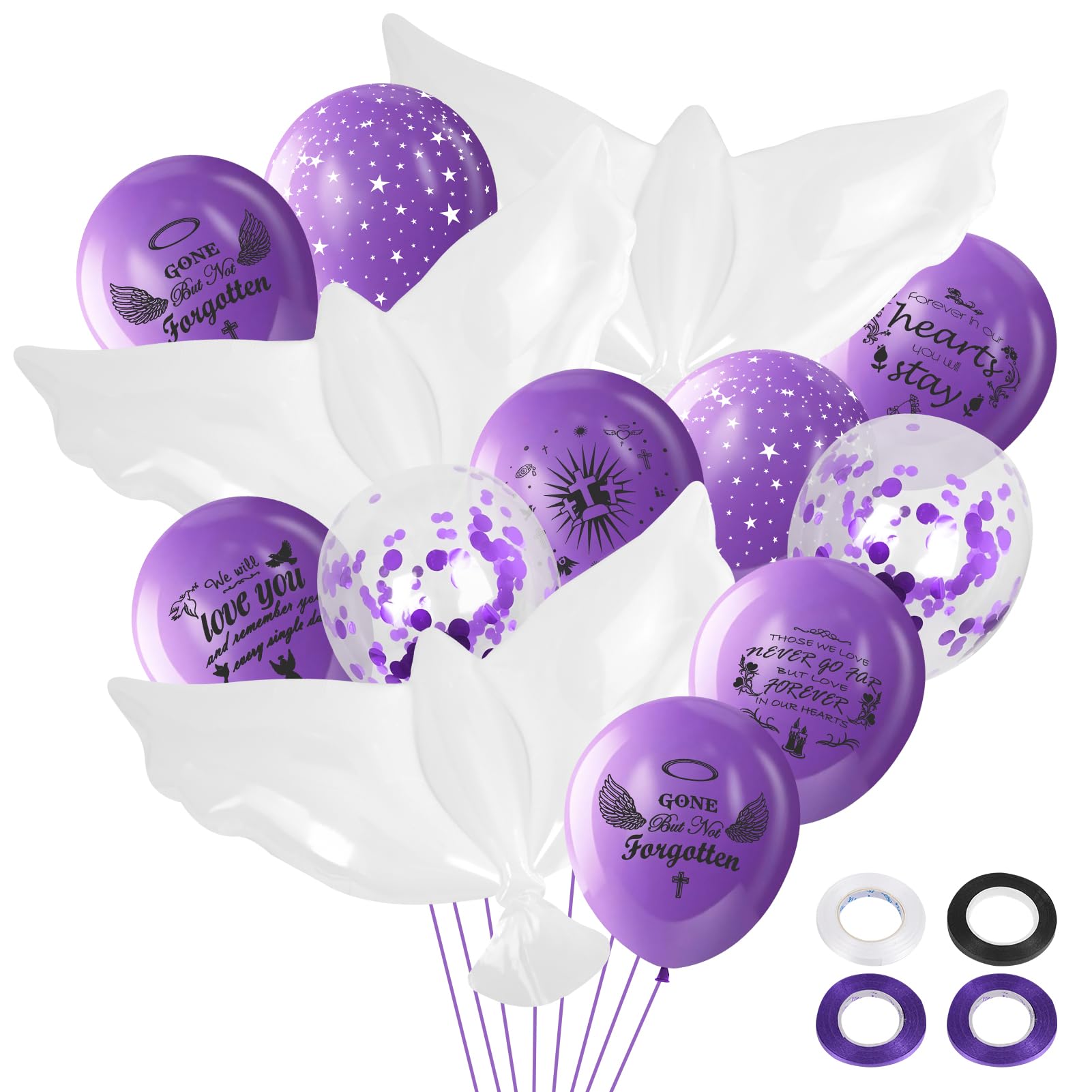 YFDFFSDCY60 PCS Memorial Balloons to Release in Sky Funeral Remembrance 3 White Dove Heaven Balloon 57 Purple Memorial Balloons Ribbons for Celebration of Life Decoration, Rest in Peace, Anniversary
