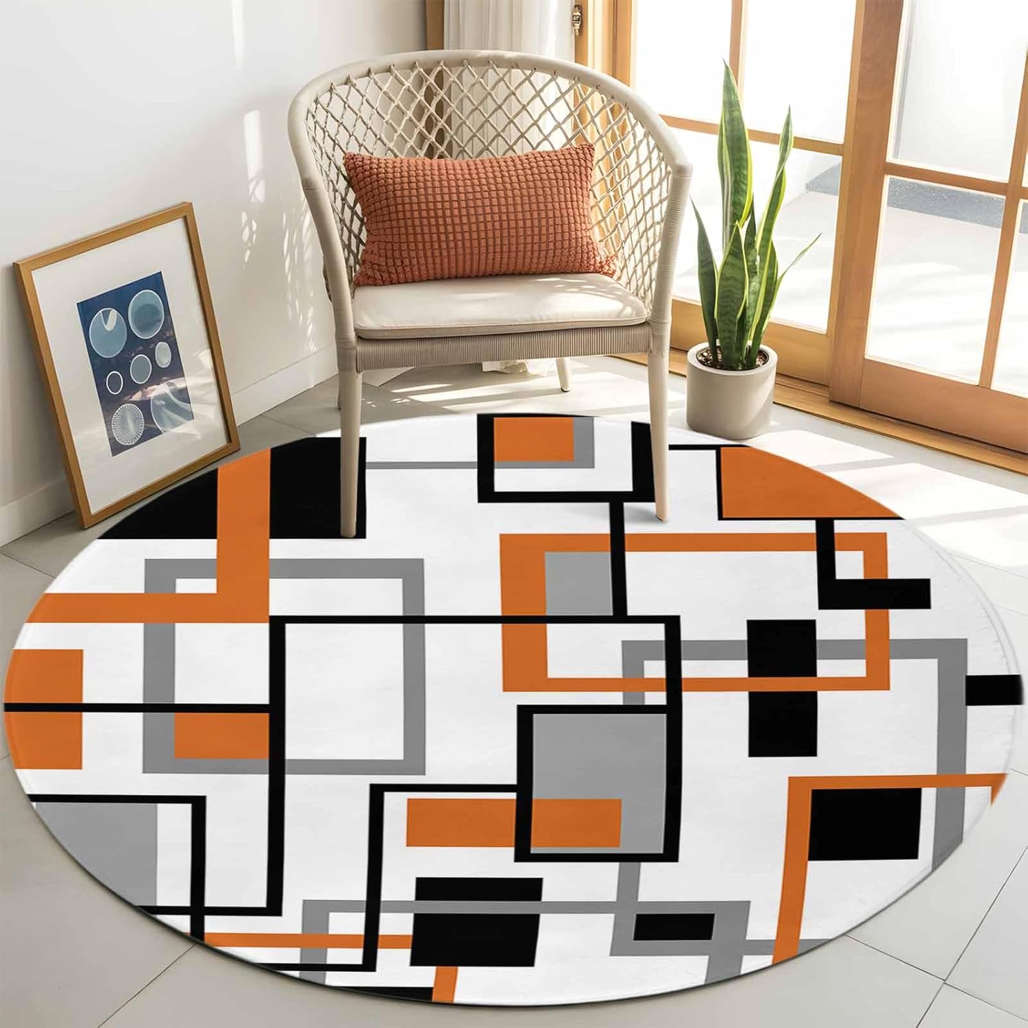 Retro Middle 5ft Round Area Rugs, Ages Abstract Geometric Orange Black Square Non-Shedding Plush Area Rug with Rubber Backing, Ultra Soft Circle Rugs for Living Room, Dining Room, Bedroom, Office