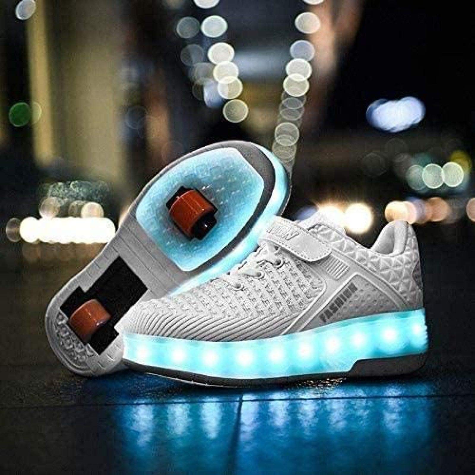 Zapatillas De Skate LED con Ruedas Dobles Zapatillas De Skate Zapatillas con Ruedas LED Niños Niños Niñas Gimnasia Al Aire Libre Zapatillas De Moda Técnica,White-32 EU