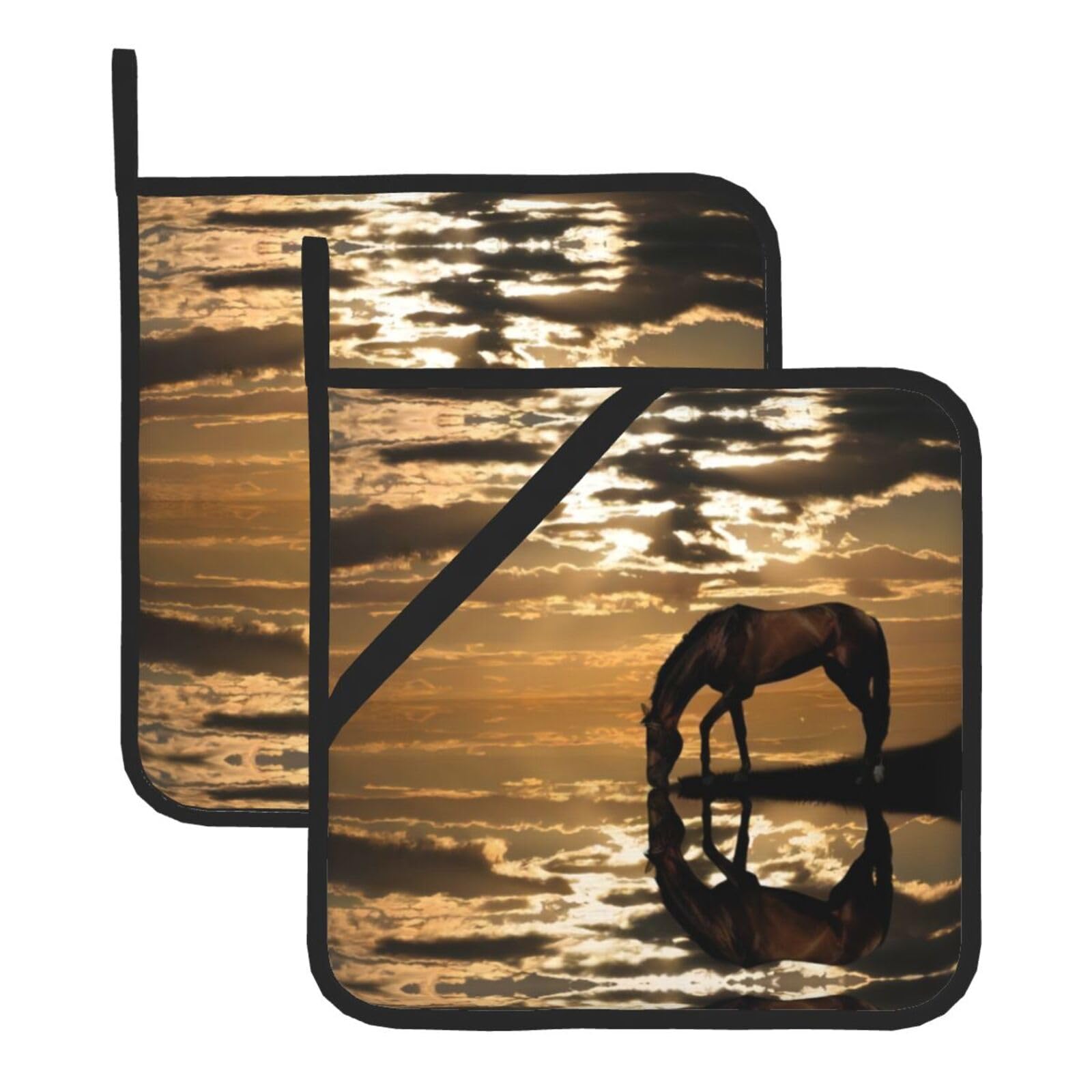WHJSSF Horse Nature Prints Square Pot Holders - Heat Resistant Kitchen Trivets 2-Pack - Waterproof Covers for Hot Dishes, Oven & Grill with Hanging Loop