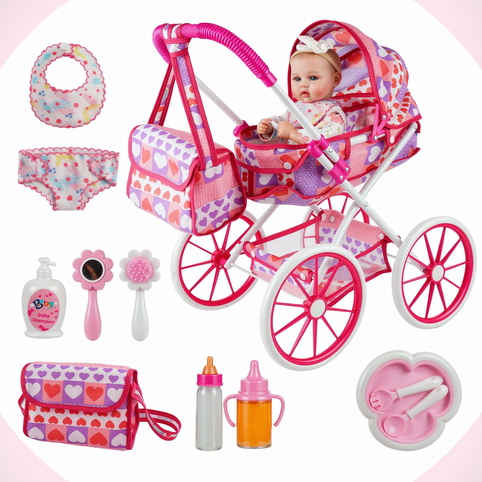 BABESIDE 10 Pcs Baby Doll Stroller Set with Feeding Doll Accessories, Baby Doll Stroller Toys for 12-16 Inches Dolls, Pretend Play Feeding Toy for Toddlers (Not Doll)