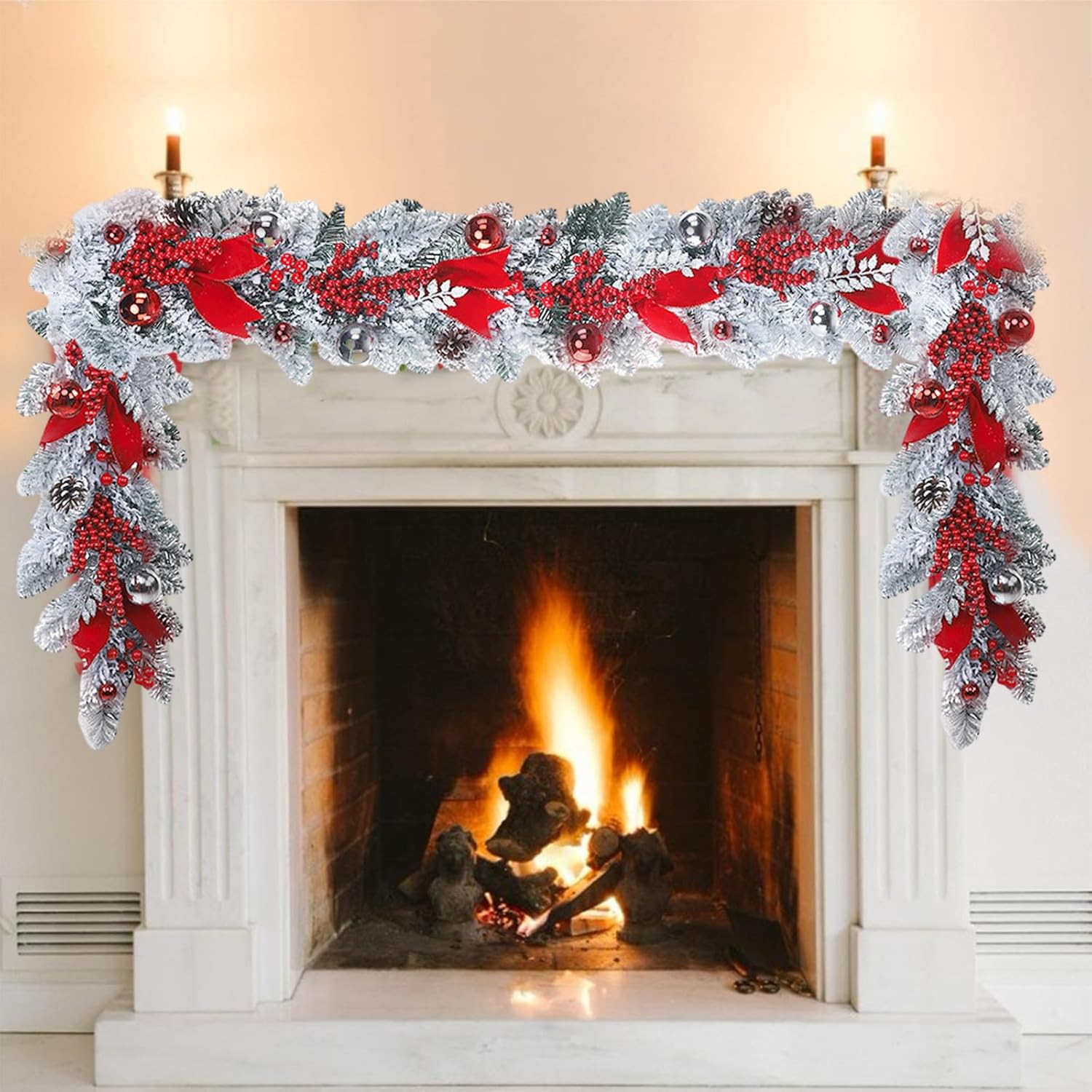 3.93Ft Christmas Garland with Pinecones Red Berries Bows Christmas Balls Ornaments Snow Flocked Artificial Xmas Wreath Decor for Staircase Railing Indoor Outdoor (White)