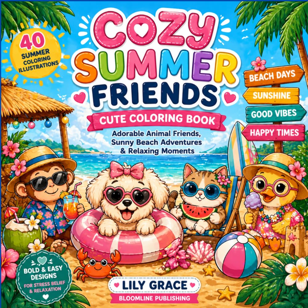 Cozy Summer Friends: Cute Coloring Book (Cute & Bold & Easy Coloring) Featuring Adorable Animal Friends in Cozy Summer Beach Scenes for Relaxation and Stress Relief
