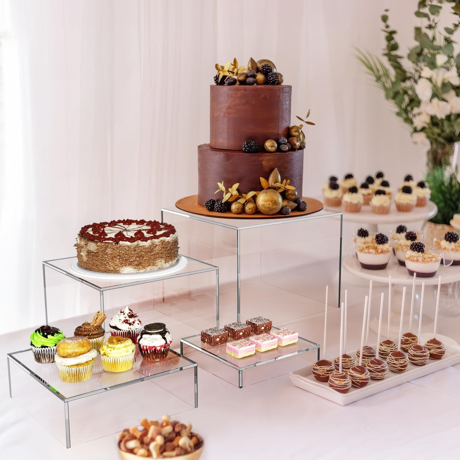 Rehausseurs de Buffet, 4pcs Élévateurs de Buffet en Acrylique, Présentoirs à Dessert Rehausseurs, Support Cubique pour Cupcakes, Bonbons, Brunch, Bjets Collection, Bijoux, Mariageset Fêtes