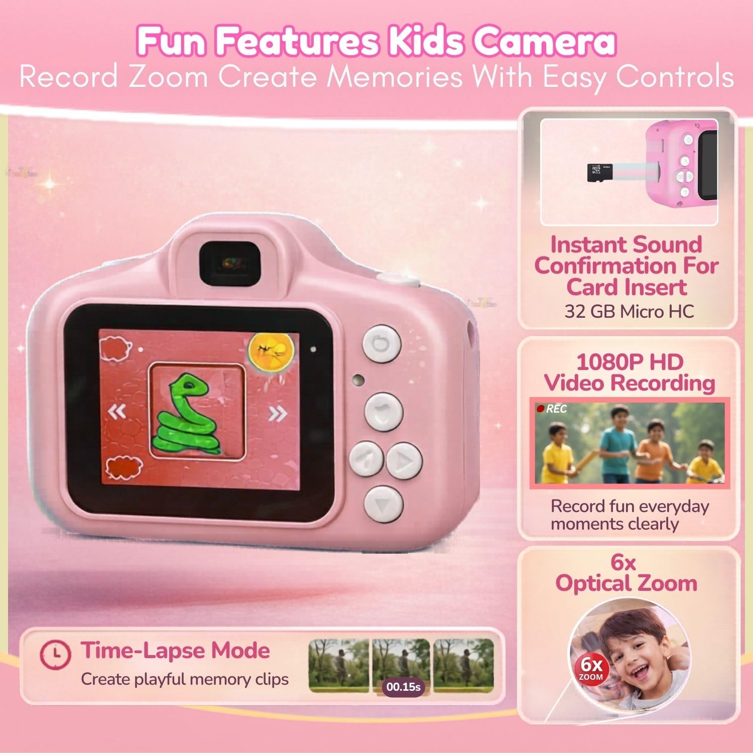Toy Imagine Kids Digital Camera 3.0MP &1080p Video Photos 2-Inch Screen, USB Rechargeable & Portable Fun Mini Toy Camera for Boys & Girls Age 3–12 Educational Birthday Gift Supports 32GB SD Card(Pink) — Amazon image 5