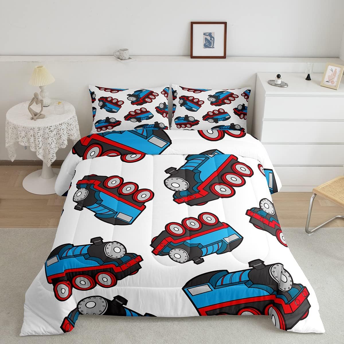 Train Bedding Set Kids Cartoon Car Comforter Set Boys Girls Train Travel Decor