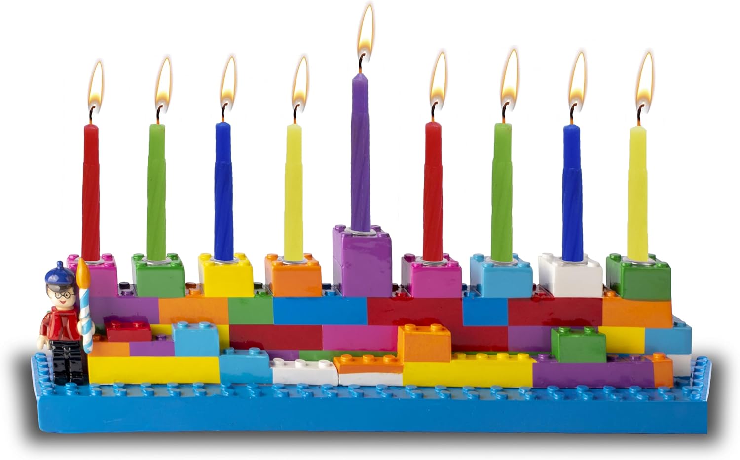 Ner Mitzvah Hand Painted Resin Hanukkah Menorah - Theme Menorahs for Chanukah - Multicolored Bricks Chanukah Menorah for Kids