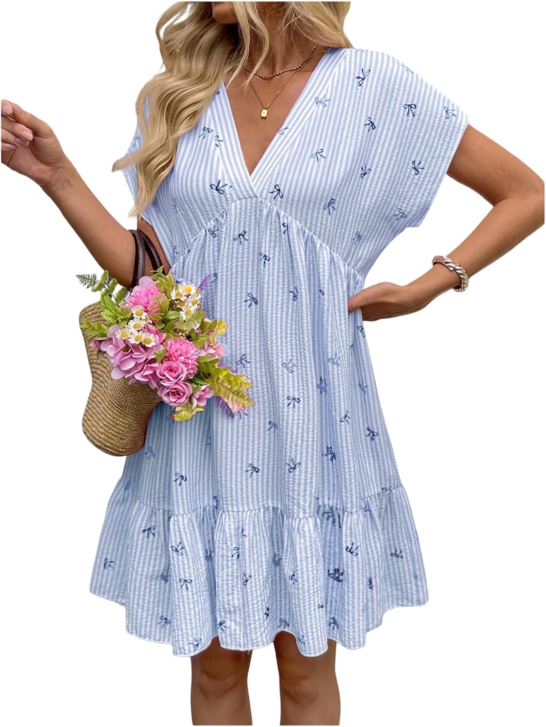 SOLY HUX Women's Summer V Neck Short Smocked Dress Striped Bow Print Ruffle Flowy Vacation Dresses