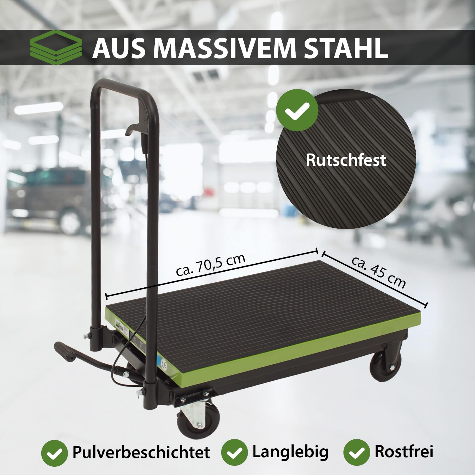TRUTZHOLM Scherenhubwagen hydraulisch 225 kg Tragkraft Hubbereich 230-725 mm rutschfeste gummierte Plattform 70,5x45 cm mobiler Hubtisch mit Feststellbremsen Hubtischwagen fahrbarer Hubwagen