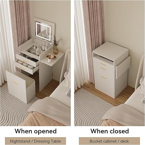 Miniatura 8 de ARTETHYS Juego de escritorio pequeño de tocador con espejo abatible y luces, blanco, integrado 3 en 1, juego de tocadores de maquillaje para