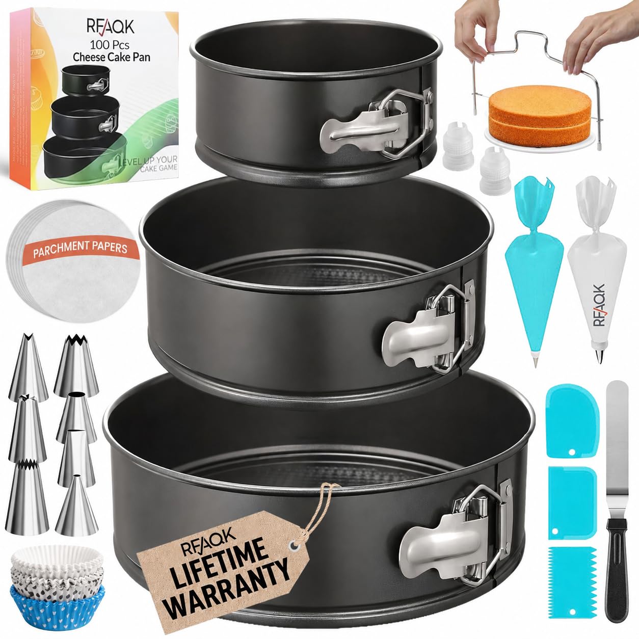 RFAQK Juego de 100 moldes para hornear + suministros de decoración de tartas: juego de 3 moldes antiadherentes (4, 7, 9 pulgadas), puntas de glaseado, nivelador de pasteles, molde multifuncional a