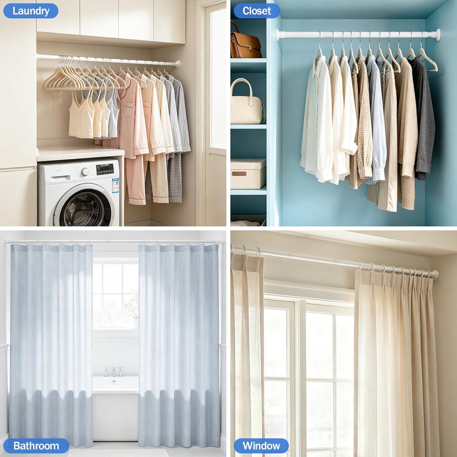 No Drilling Closet Rod, Adjustable White Closet Rod, 28-98 Inches Heavy-Duty Closet Tension Rods for Hanging Clothes for Wardrobes, Closet, Laundry & Bathroom (White)