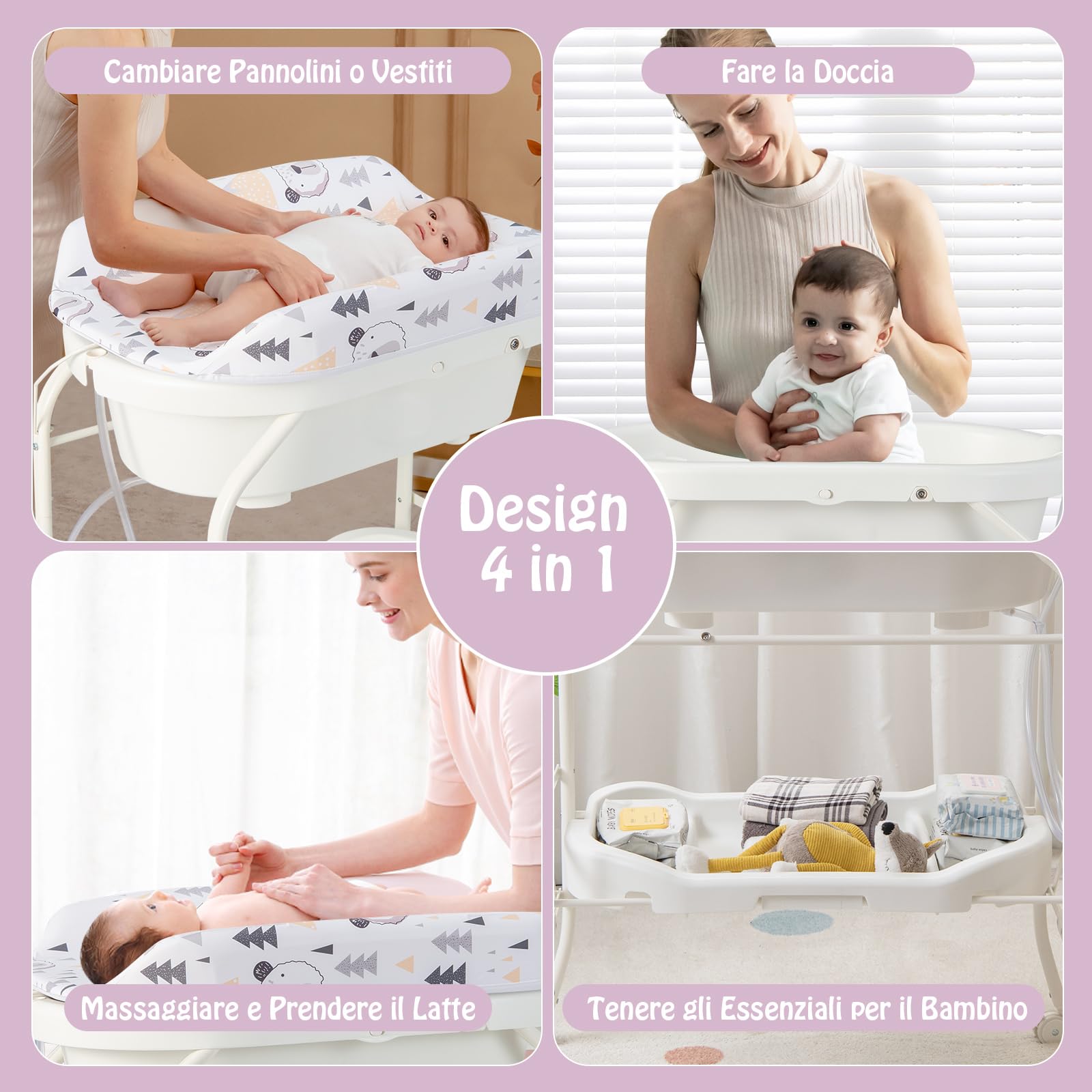 RELAX4LIFE 2 in 1 Fasciatoio con Vaschetta Bagnetto per Neonato, Fasciatoio Pieghevole con 4 Ruote Bloccabili, Bagnetto per Neonati 0-12 Mesi, Carico 15KG (Bianco)