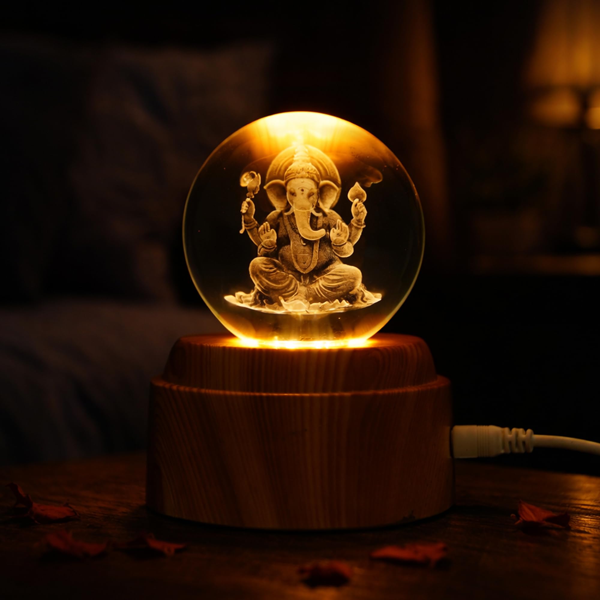 eCraftIndia Divine Lord Ganesha Idol Transparent Crystal Ball Night Lamp with Wooden Base Showpiece | Spiritual Table Lamp for Home Decor Office Hotel Living Room Gift for Diwali Housewarming 4