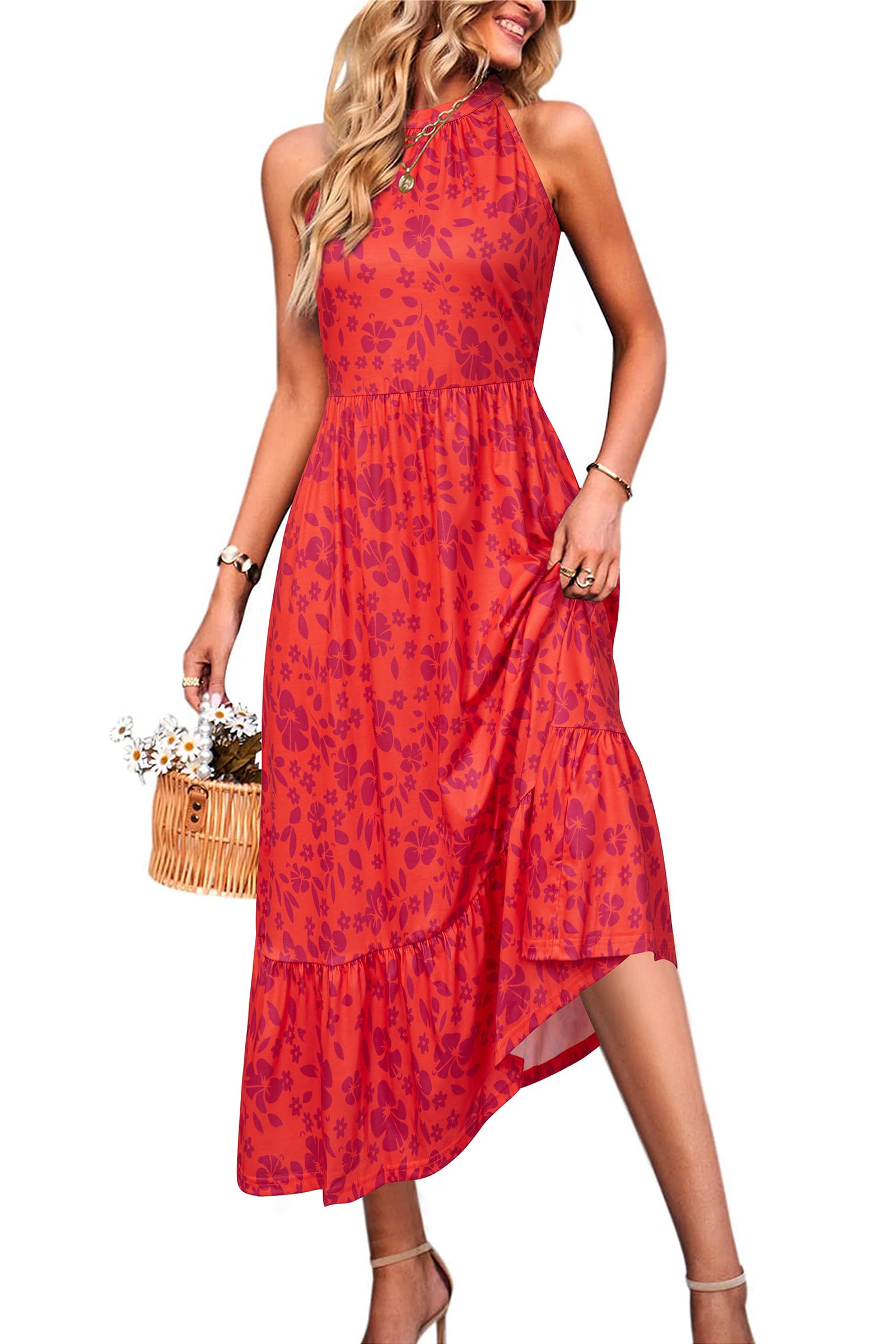 STYLEWORD Women’s 2026 Summer Dress Maxi Vacation Floral Halter Neck Sleeveless Flowy Sundress with Pockets