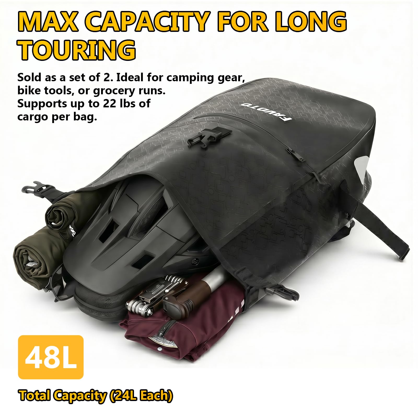 Favoto Borsa per Portapacchi Posteriore Bicicletta, Impermeabile Capacità 48L (2×24L), Design Riflettente, Sgancio Rapido, con Borsa Interna, Adatta per Bici Elettriche, Mountain Bike