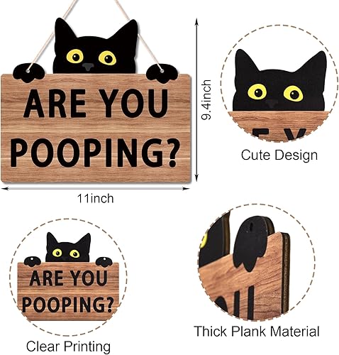 Miniatura 2 de Uflashmi Cartel de gato negro con texto en inglés "Are You Pooping Cat", divertidos letreros de decoración de pared de baño, letreros de madera para