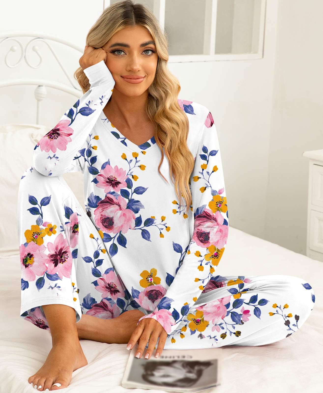 syoss Conjunto de pijama de 2 piezas para mujer, de manga larga, con bolsillos