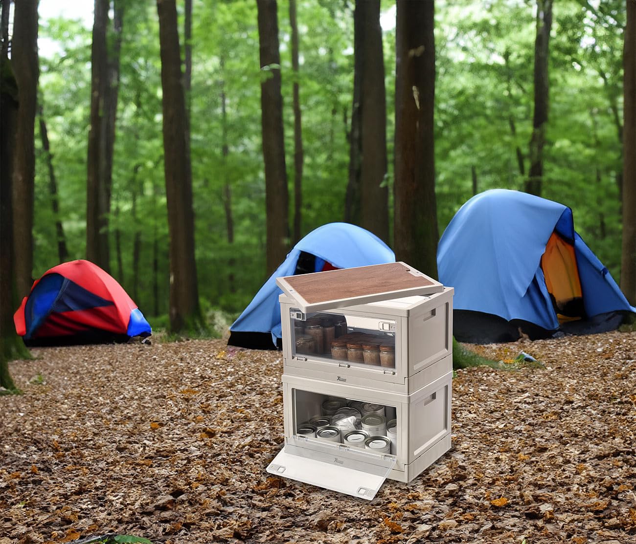Xcase Campingbox: 2er-Set Camping-Aufbewahrungsboxen, falt- & stapelbar, MDF-Ablage, 55l (Camping Boxen, Faltbare Boxen transparent, Schuhe)