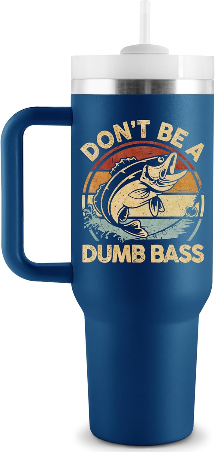 Fishing Gifts for Men Dad Fisherman- Fishing Stuff for Men, 40oz Travel Cup Insulated Tumbler with Handle & Straw