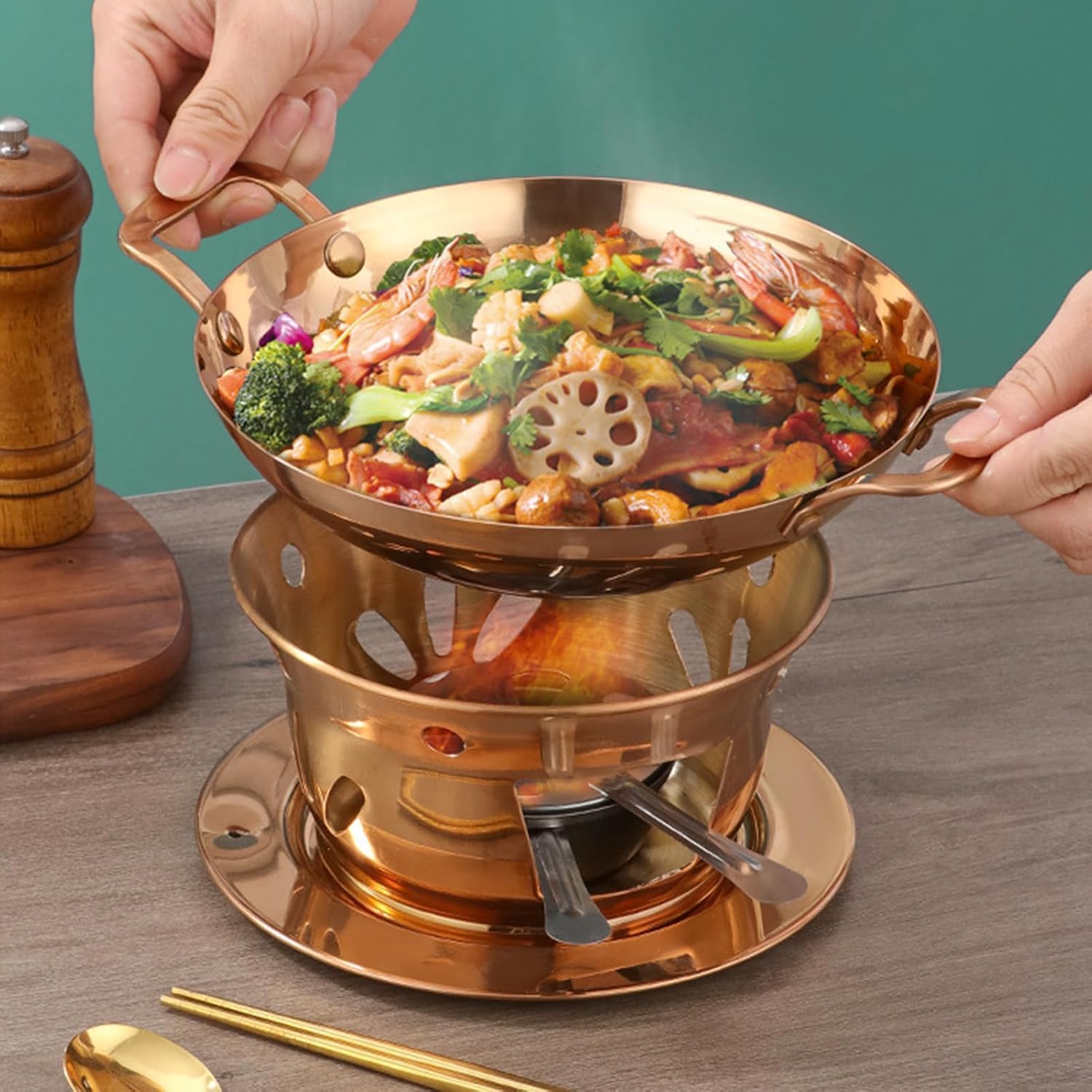 Calentador de Alimentos Redondo para Buffet, Calentador Comercial de Acero Inoxidable con Marco y Soporte para Combustible. (26cm/10.2inch)