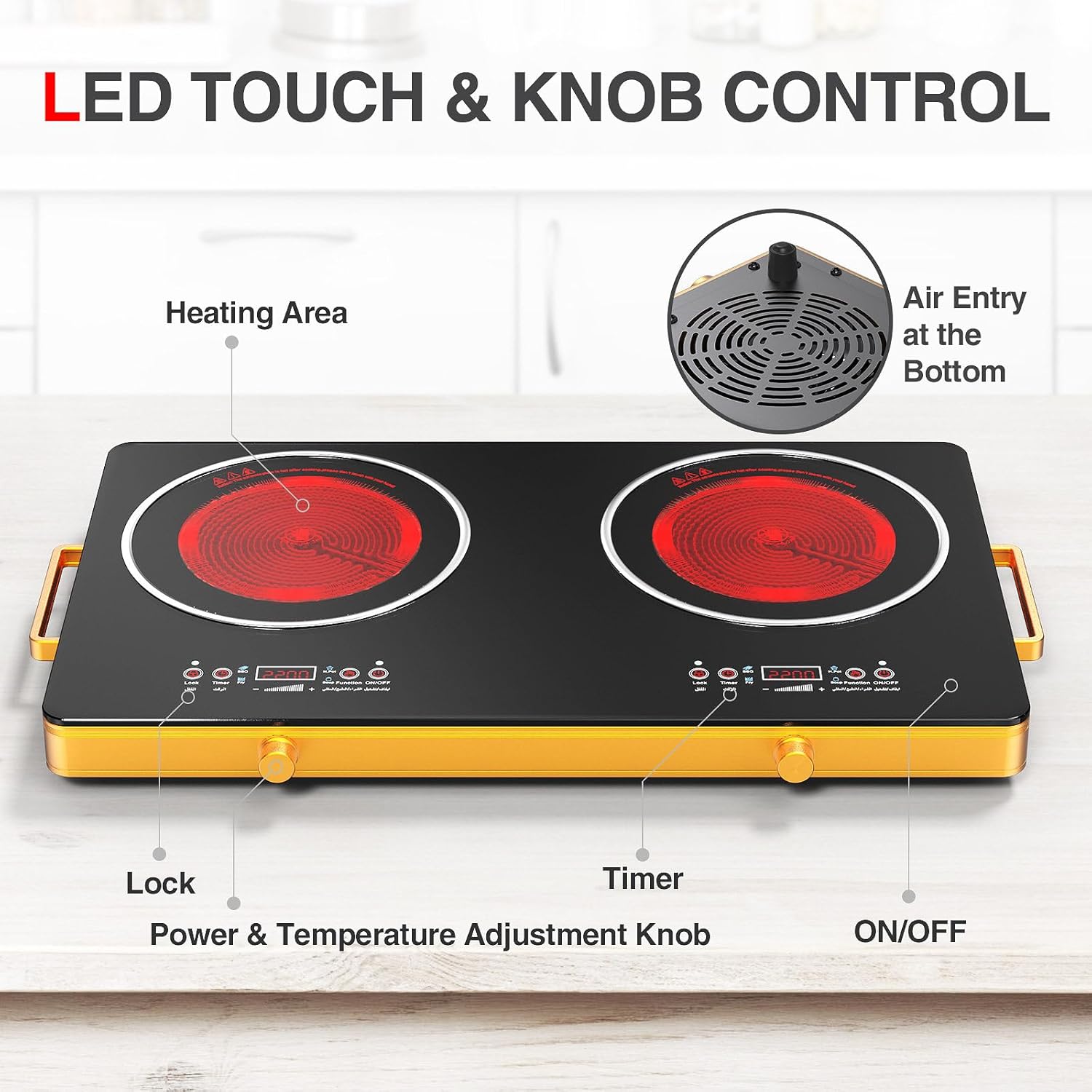Electric stove with 2 burners, portable stove plug, multiple heating levels, timer and child safety lock, dual induction stove,A