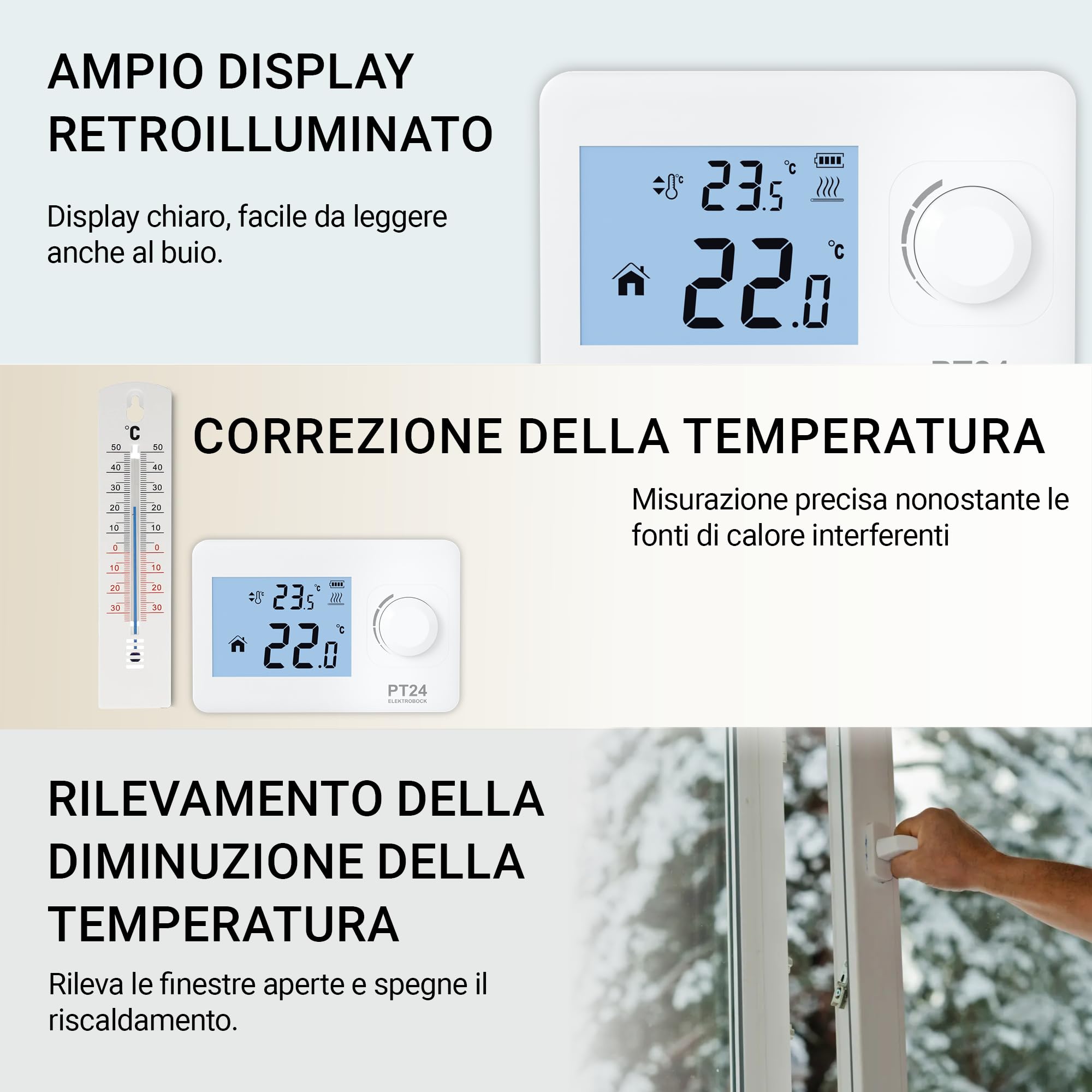 Elektrobock PT24, termostato ambiente con display LCD | Termostato a parete adatto per tutti i tipi di caldaie | Funzionamento a batteria (2X AAA) | Nessuna programmazione necessaria | Protezione